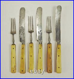 Set of 6 Antique Small Bone Handled Steel Flatware Knives Forks Child Size
