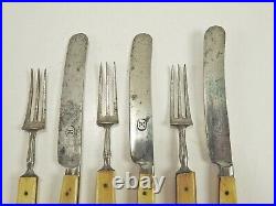 Set of 6 Antique Small Bone Handled Steel Flatware Knives Forks Child Size