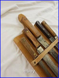 Set of 6 kitchen knives with wood Case wall hanger decor Vintage
