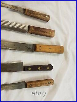 Set of 6 kitchen knives with wood Case wall hanger decor Vintage