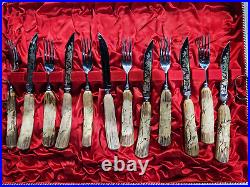 Solingen stag handle flatware set- 6 knives, forks, carving set, more-17 pieces