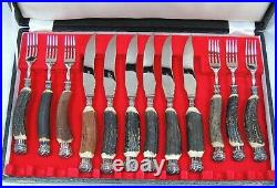Stag Horn Fork & Knife Set 12 K Bright Sheffield England Cutlers & Silversmiths
