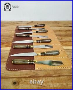 Steak Knife Fork Set Argentine Gaucho Handcraft Stainless Steel Wood and Bronze