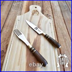 Steak Knife Fork Set Argentine Gaucho Handcraft Stainless Steel Wood and Bronze
