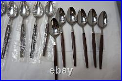 VINTAGE EPIC FORGED STAINLESS FLATWARE SET MID CENTURY WOODEN JAPAN 50pc NEW NOS
