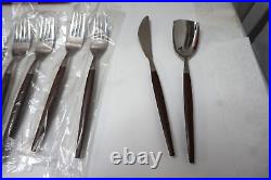 VINTAGE EPIC FORGED STAINLESS FLATWARE SET MID CENTURY WOODEN JAPAN 50pc NEW NOS