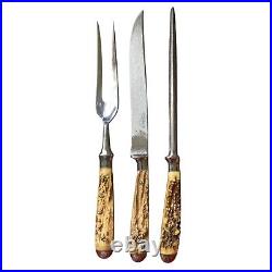 VTG 60s Hoffritz for Cutlery NY German Stag Horn Antler Carving Knife 3 Pc. Set