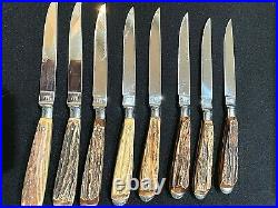 VTG Abercrombie & Fitch Steak Knife Set 8 Faux Deer Antler Handles Wooden Chest