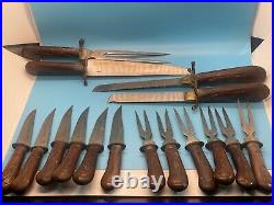 VTG INDIA Hand Carved Wood Brass Stainless Steel 16 Pc Knife CARVING Set RARE