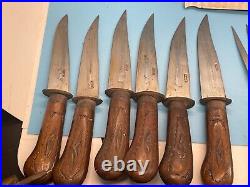 VTG INDIA Hand Carved Wood Brass Stainless Steel 16 Pc Knife CARVING Set RARE