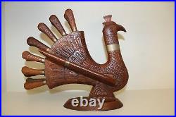 Vintage Antique Carved Wood Turkey Carving Knife & Fork Set Handcrafted Cutlery