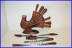Vintage Antique Carved Wood Turkey Carving Knife & Fork Set Handcrafted Cutlery