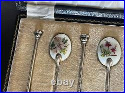 Vintage Boxed Sterling Silver & Enamel Teaspoons w Floral Detail