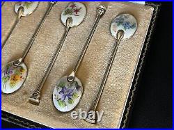 Vintage Boxed Sterling Silver & Enamel Teaspoons w Floral Detail