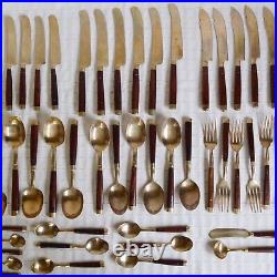 Vintage Brass Cutlery Set, Brass And Rosewood Handle Cutlery, 69 Pieces