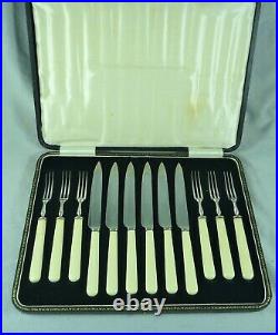 Vintage Estate Boxed Set Of 6 Bone Xylonite Handled Fruit Knives & Forks #17563