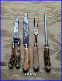 Vintage Germany Stainless Steel Deer Carving Knife Set Antler Cutlery. 4 Pcs