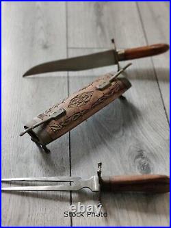Vintage Indian Hand-Carved Wooden Brass Sheath Meat Carving Set Knife Fork Decor
