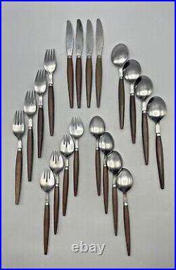 Vintage Japanese Stainless Flatware-4 Five-Piece Place Settings Wood Tone Handle