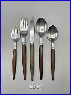 Vintage Japanese Stainless Flatware-4 Five-Piece Place Settings Wood Tone Handle