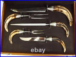 Vintage John Hasselbring 5 Piece Carving Set with Sterling and Boar Tusk Handles