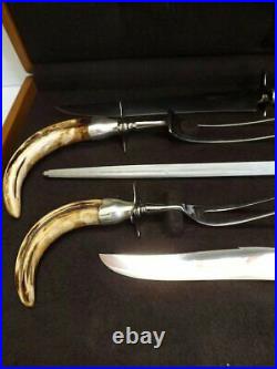 Vintage John Hasselbring 5 Piece Carving Set with Sterling and Boar Tusk Handles