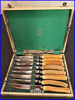 Vintage Kirk & Matz Sheffield England Steak Knives Antler Handle Snake Skin Box