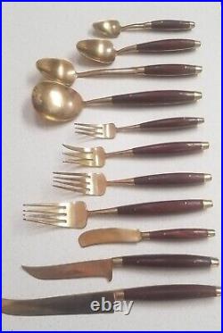 Vintage MCM Brass Wood Flatware Silverware Gold Complete 144 Piece Set