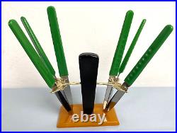 Vintage Rare Germany (DDR) Set of 6 Rostfrei Knives with Amber Bakelite Stand