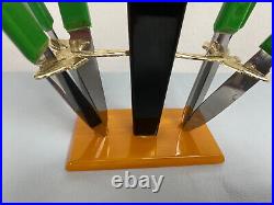 Vintage Rare Germany (DDR) Set of 6 Rostfrei Knives with Amber Bakelite Stand