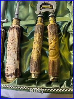 Vintage Rostfrei Solingen Germany Carving Set Carved Stag Antler Handles
