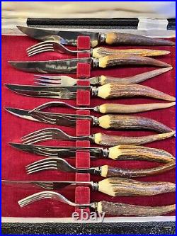Vintage Sheffield England Stainless Stag Handle Fork & Steak Knives Unused