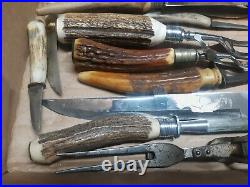 Vintage Stag Handle Knife Sharpener Fork Lot of 15 & Bonus Belt Buckle