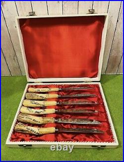 Vintage Stainless Steel Deer antler steak knives Decorated Set RARE IA