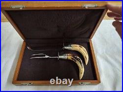 Vtg. Boar tusks cutlery set withbox and painted tile