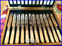 Vtg Joseph Elliot & Sons fruit forks knives silverware Bone Handle wood chest